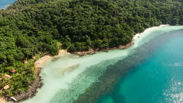 Spiaggia di Koh Samui vista dall’alto, con sabbia chiara, palme e mare turchese nel Golfo della Thailandia