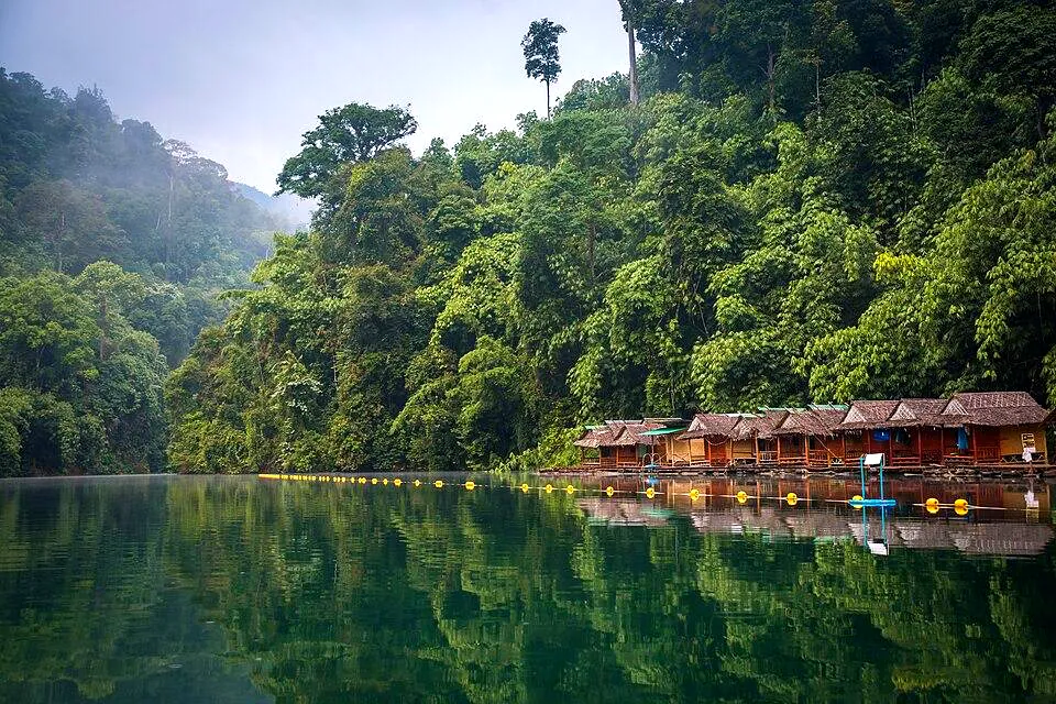 Raft house sul lago Cheow Lan, Khao Sok Raft house sul lago Cheow Lan nel parco nazionale di Khao Sok con giungla riflessa nell'acqua