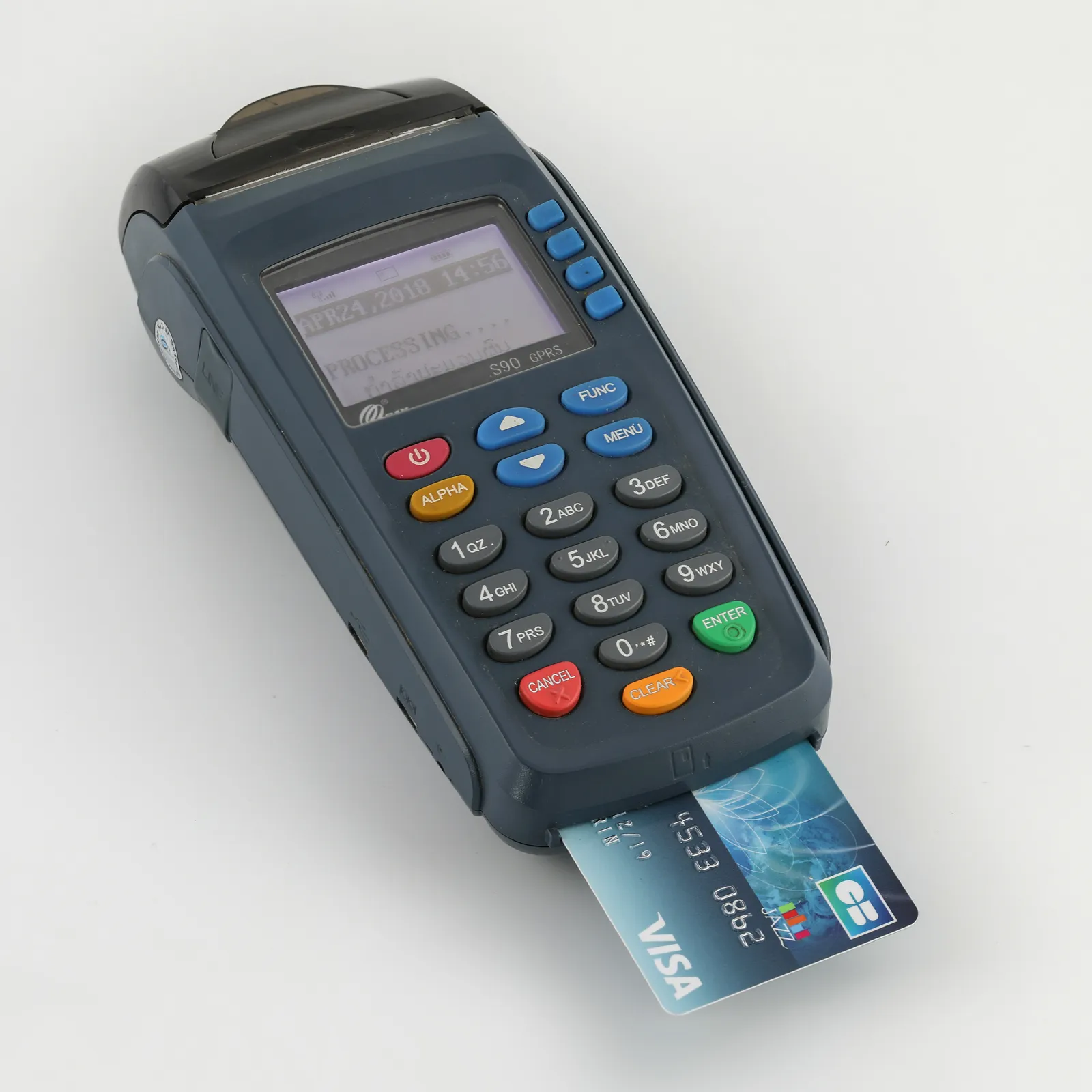 Terminale POS per pagamenti con carta, con carta Visa inserita